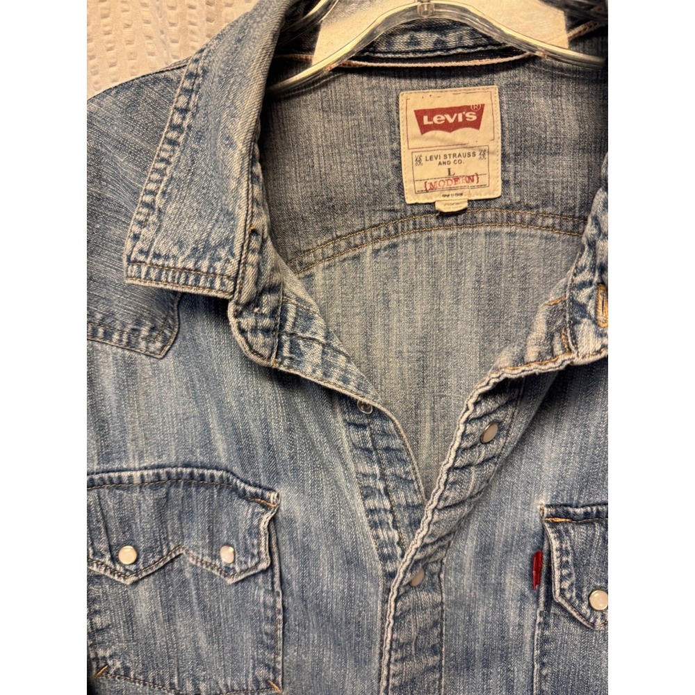Levis Pearl Snap Denim Long Sleeve Blue Shirt Mens Western Red Tab Sz L - Picture 10 of 16